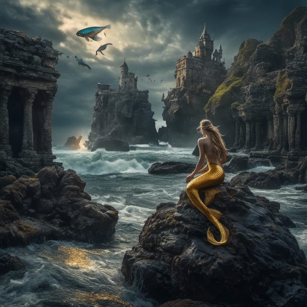 Mermaid Steals Rocks: Dark Fantasy Concept Art