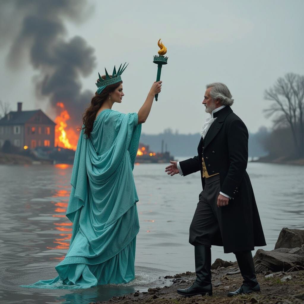 Lady Liberty Confronts Burning Town in War Art