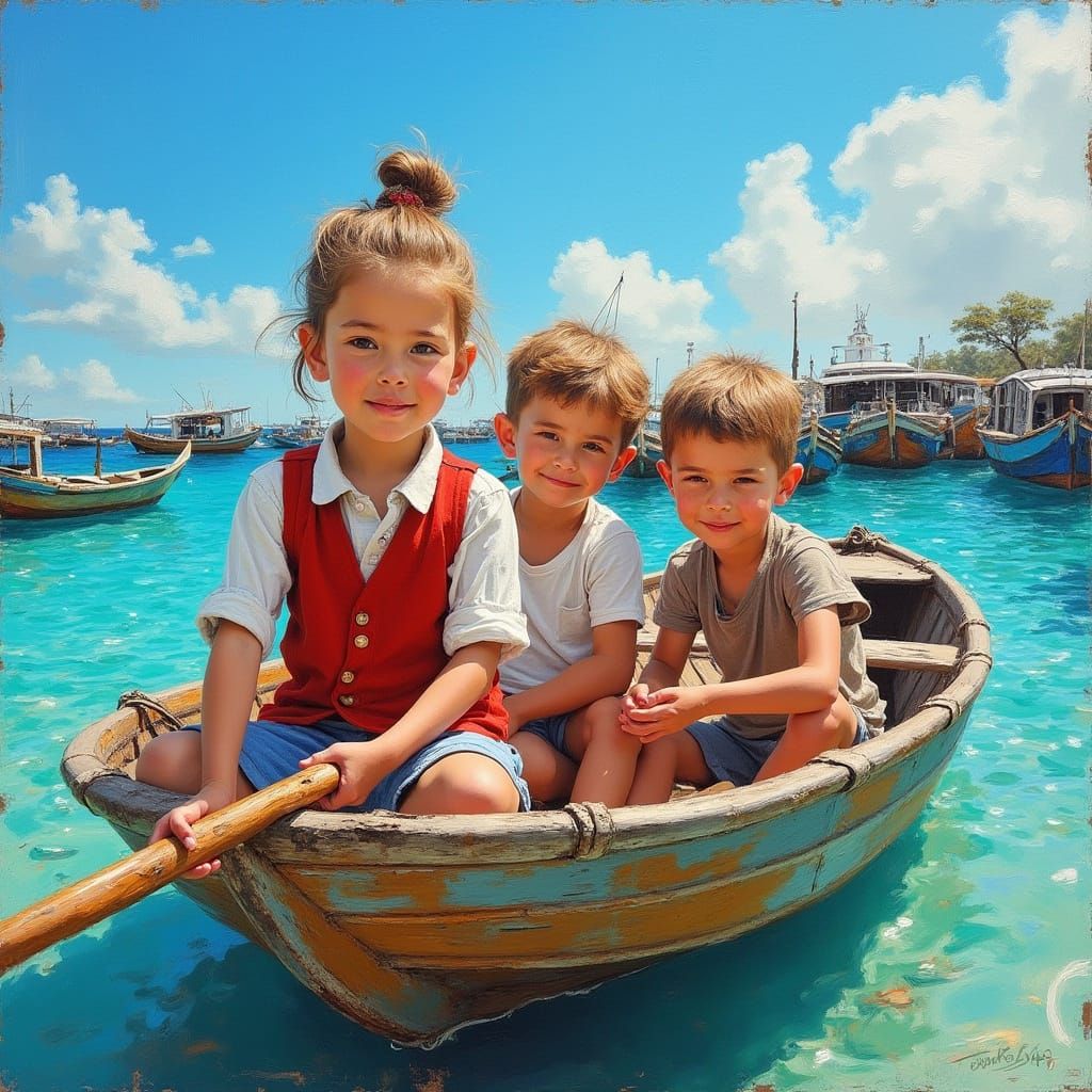 Children in Rowboat Oil Painting with Impasto Texture