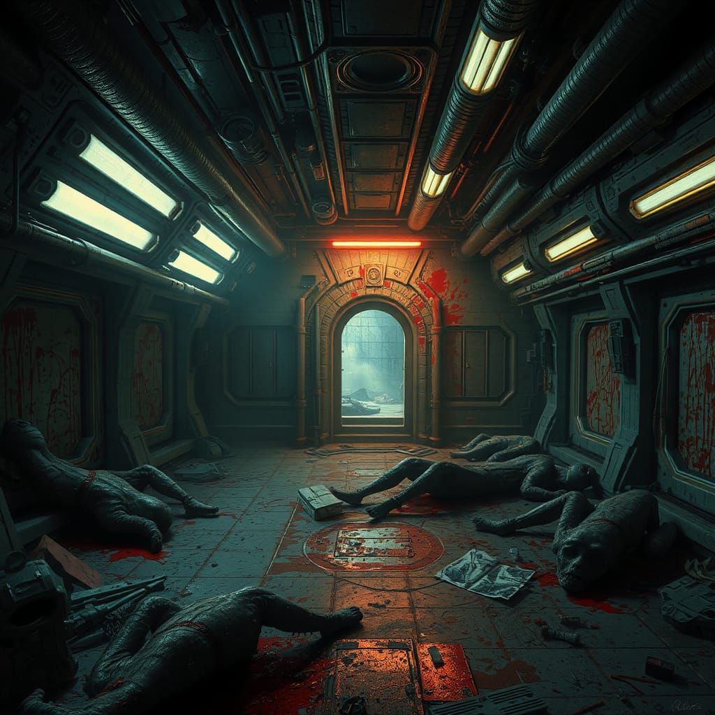 Gothic Spaceship Interior Ravaged by Alien Attack