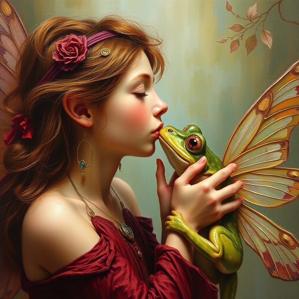 Fairy Kisses Frog Prince: Portrait in Oil