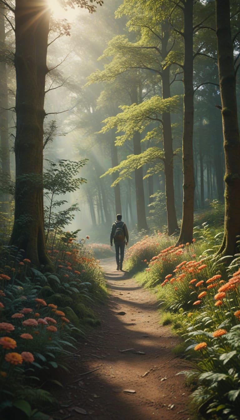 Traveler Amidst Lush Forest Landscapes in Cinematic Realism