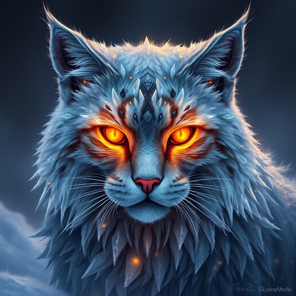Majestic Ice Cat with Crystalline Fur and Fire Eyes