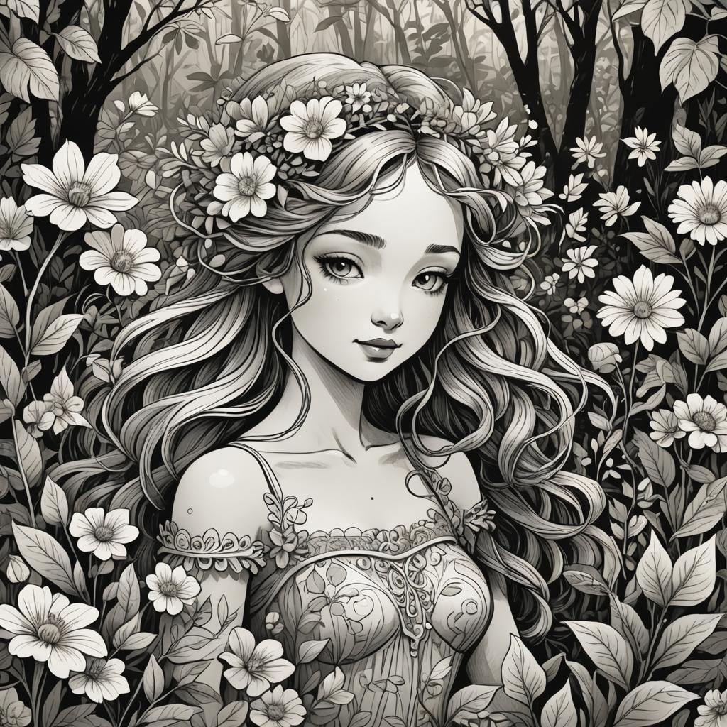 Playful May Nymph in Forest, Cartoon Line Art