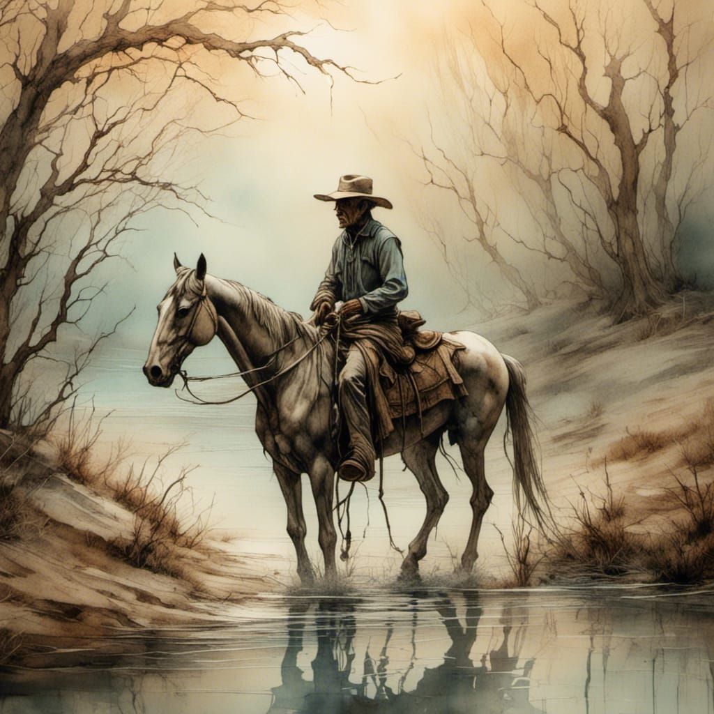 Cowboy Leads Horse to Waterhole with Enamel Effect