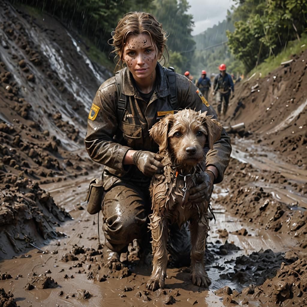 Rescue Worker Saves Distressed Puppy in Muddy Landscape