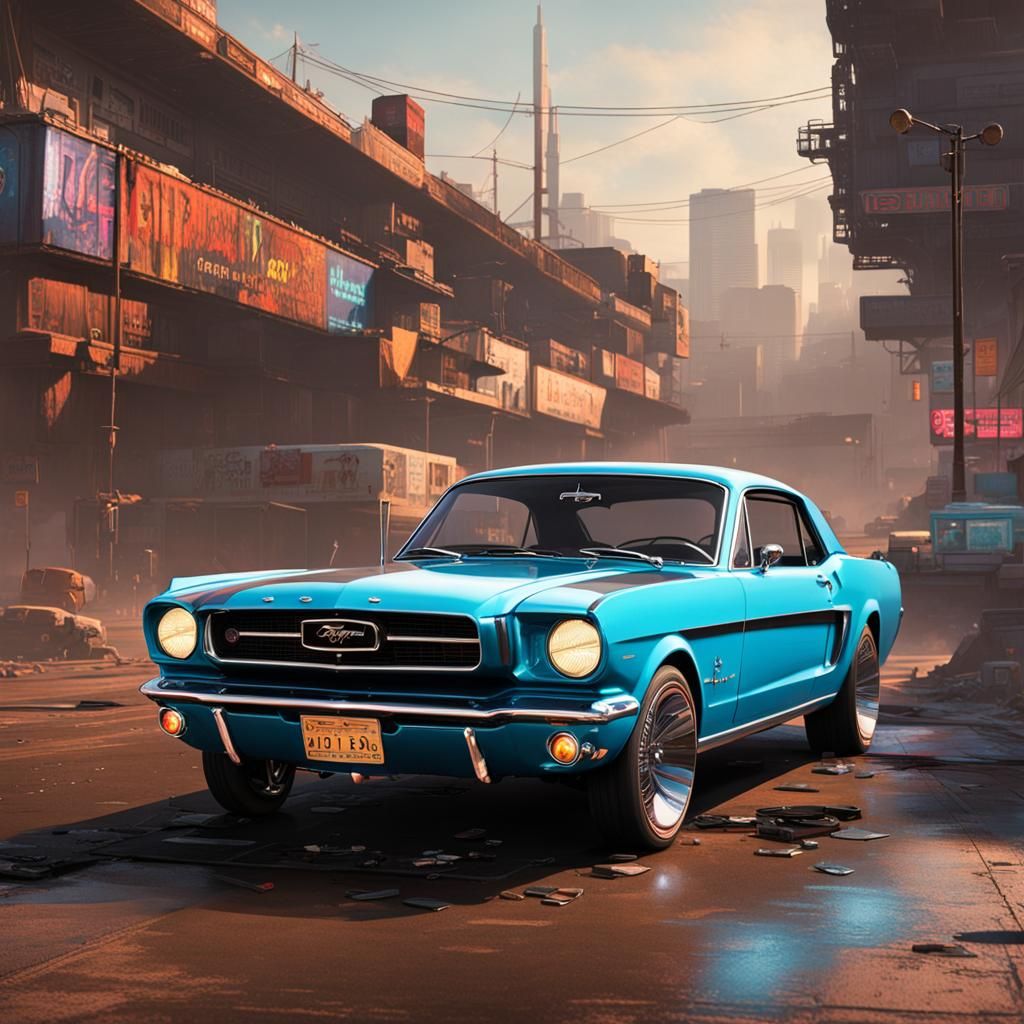Cyberpunk 1964 Ford Mustang in Neon Cityscape