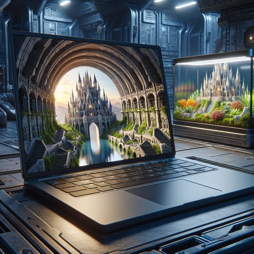 Ultra detailed, an open laptop screen leading to a kings cas...