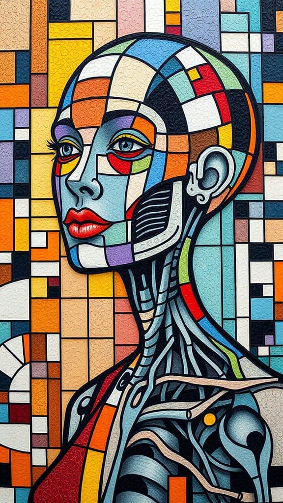 Vibrant Cybernetic Goddess in Geometric Harmony