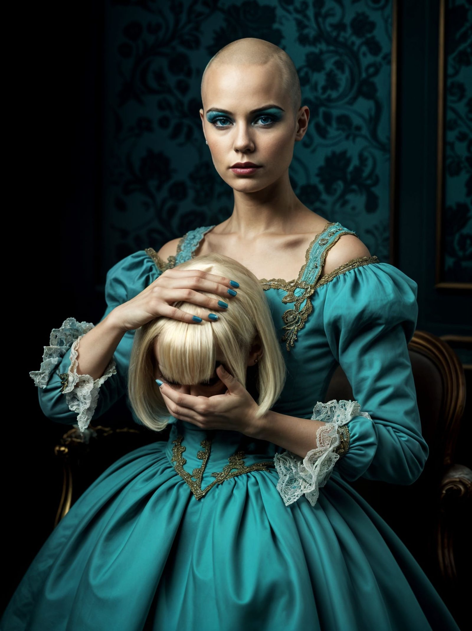 Bald Woman in Rococo Dress Holds Wig - Fine Art Portrait