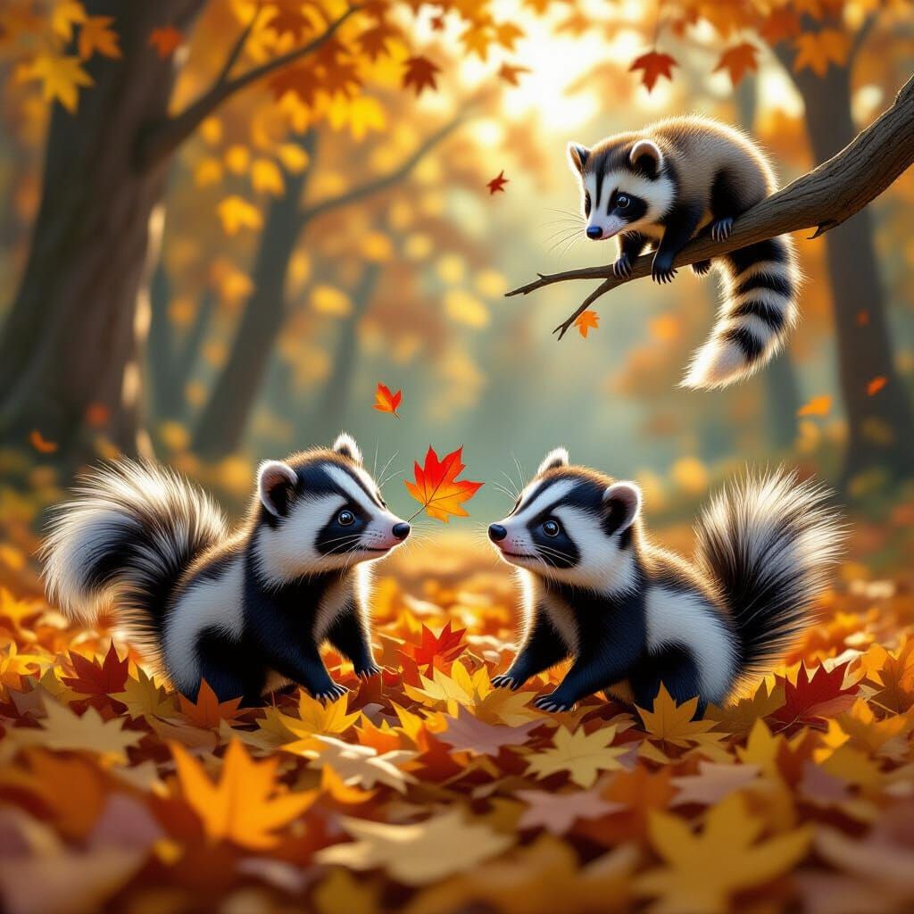 Skunks and Possum in Autumn Forest