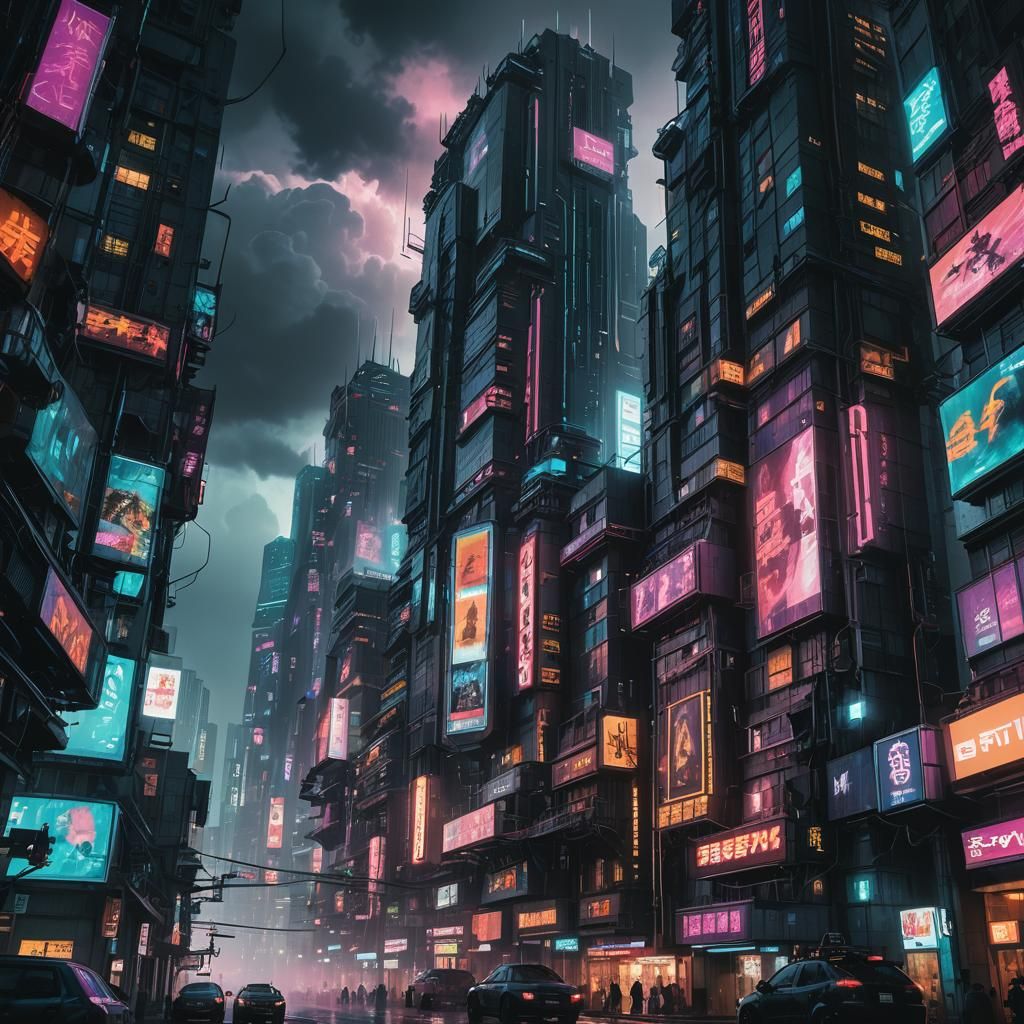 Neon-Drenched Cyberpunk Cityscape with Towering Skyscrapers