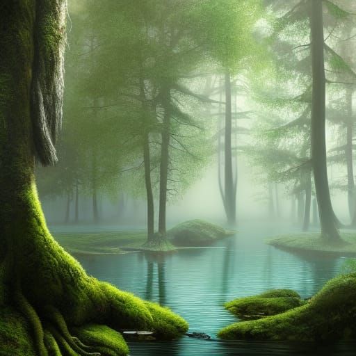 Lush Forest Landscape with Misty Pond, Hyperrealistic Art