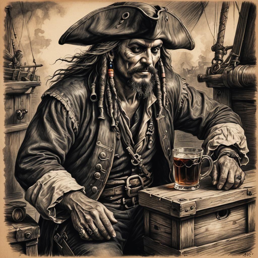 Pirate with Rum: Detailed Charcoal Drawing