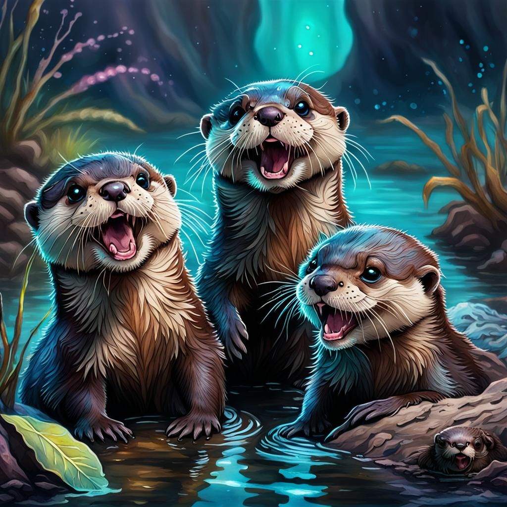Otterpunk: Baby Otters Playing in Bioluminescent Landscape