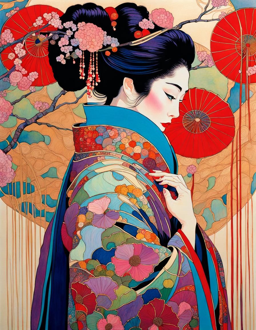 Geisha in Art Nouveau Style Digital Artwork