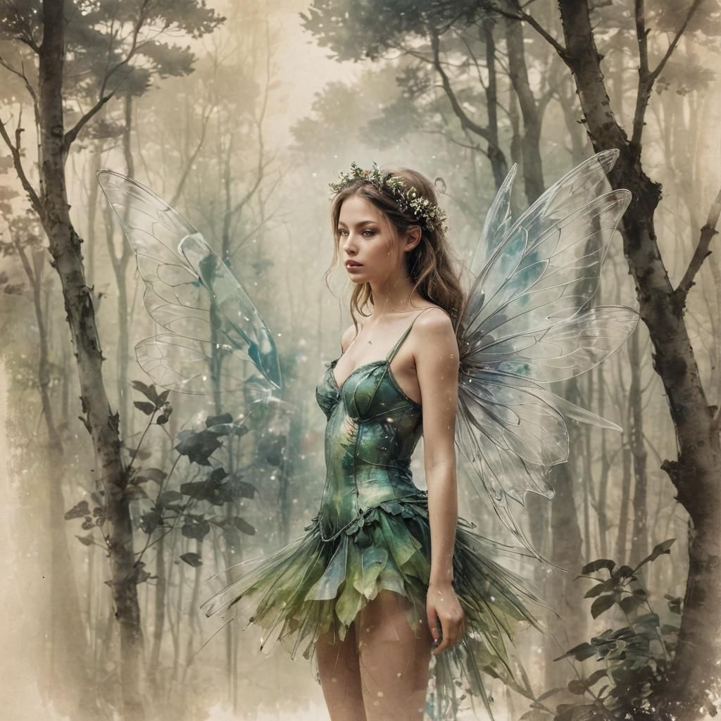 Magical Fairy Double Exposure in Ink Painting Style