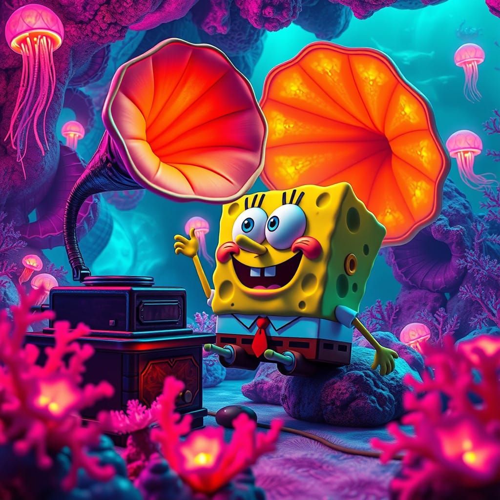 Spongebob in Neon Underwater Music Lounge