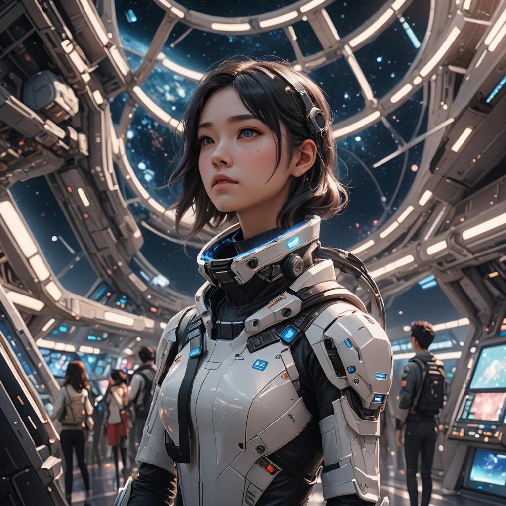 Futuristic Woman Gazing into Cosmos, 3D Anime Art