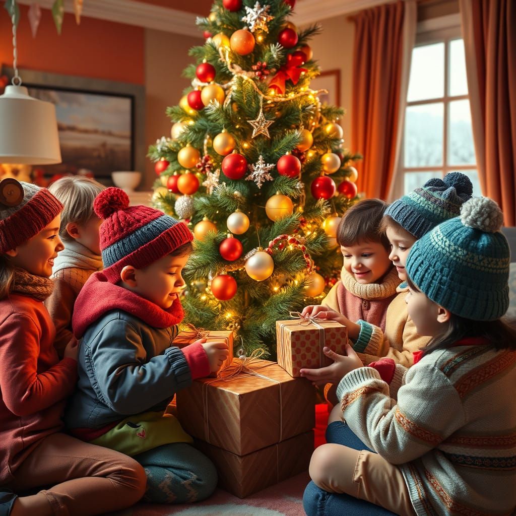 Joyful Children Gather Around a Lavishly Decorated Christmas...