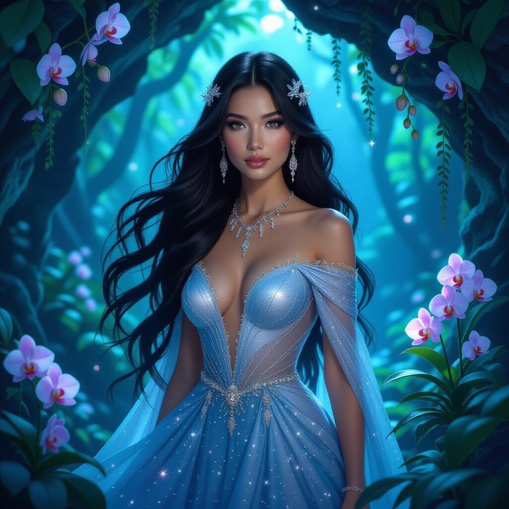 Bioluminescent Forest Nymph in Art Nouveau Style