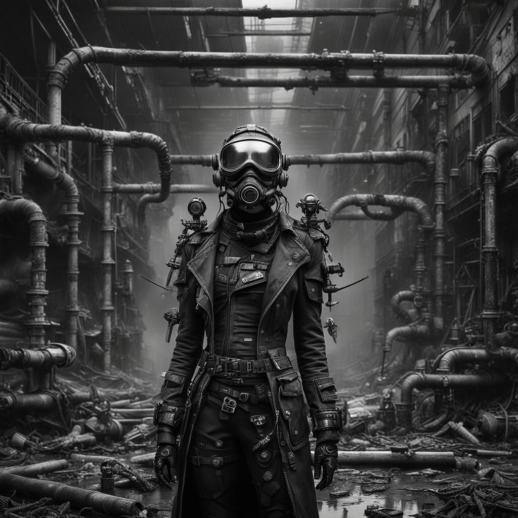 Cybergoth Model in Industrial Wasteland: Black and White