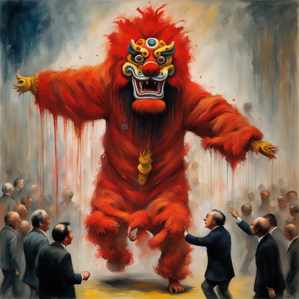 Lion Dance in Epic Impressionist Gouache Style