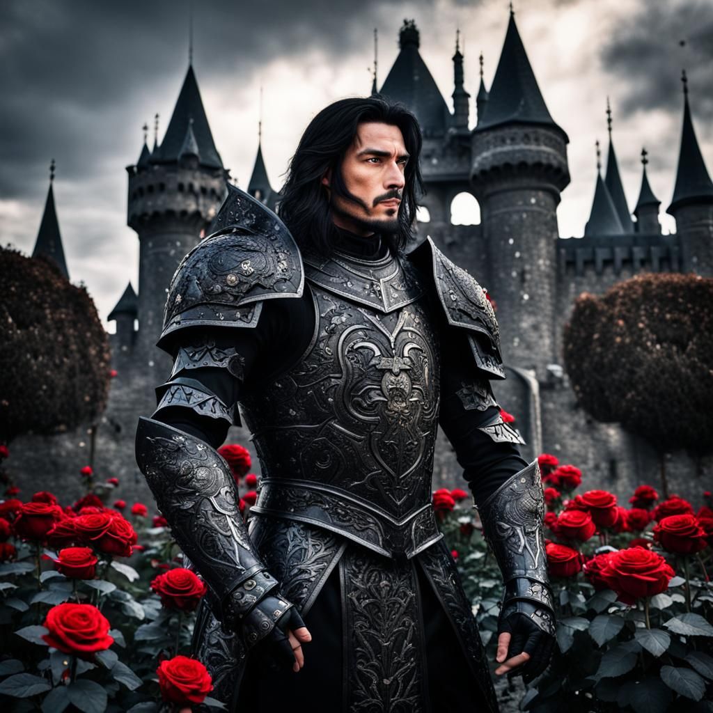 Handsome Knight in Black Armor with Black Castle