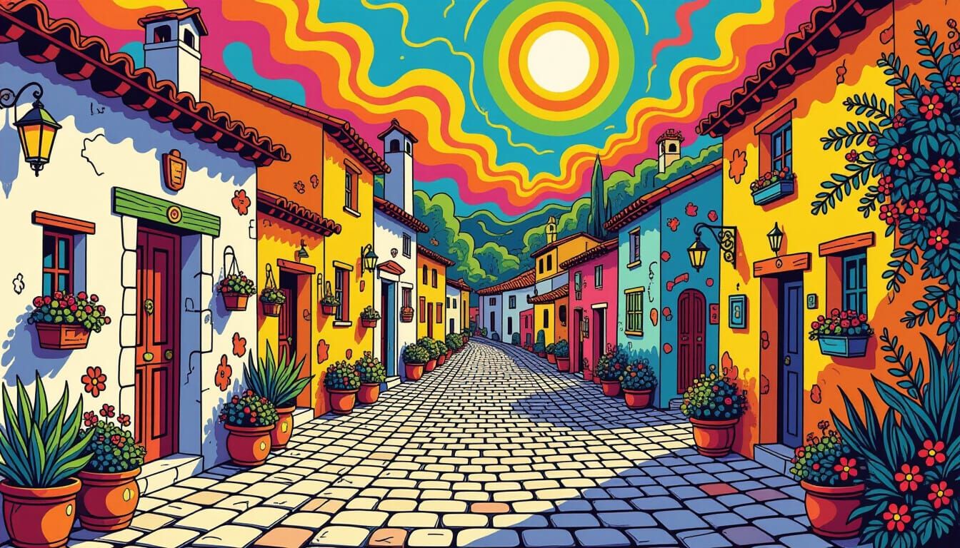 Vibrant Village of Fractal Patterns in Psychedelic Doodle Ar...