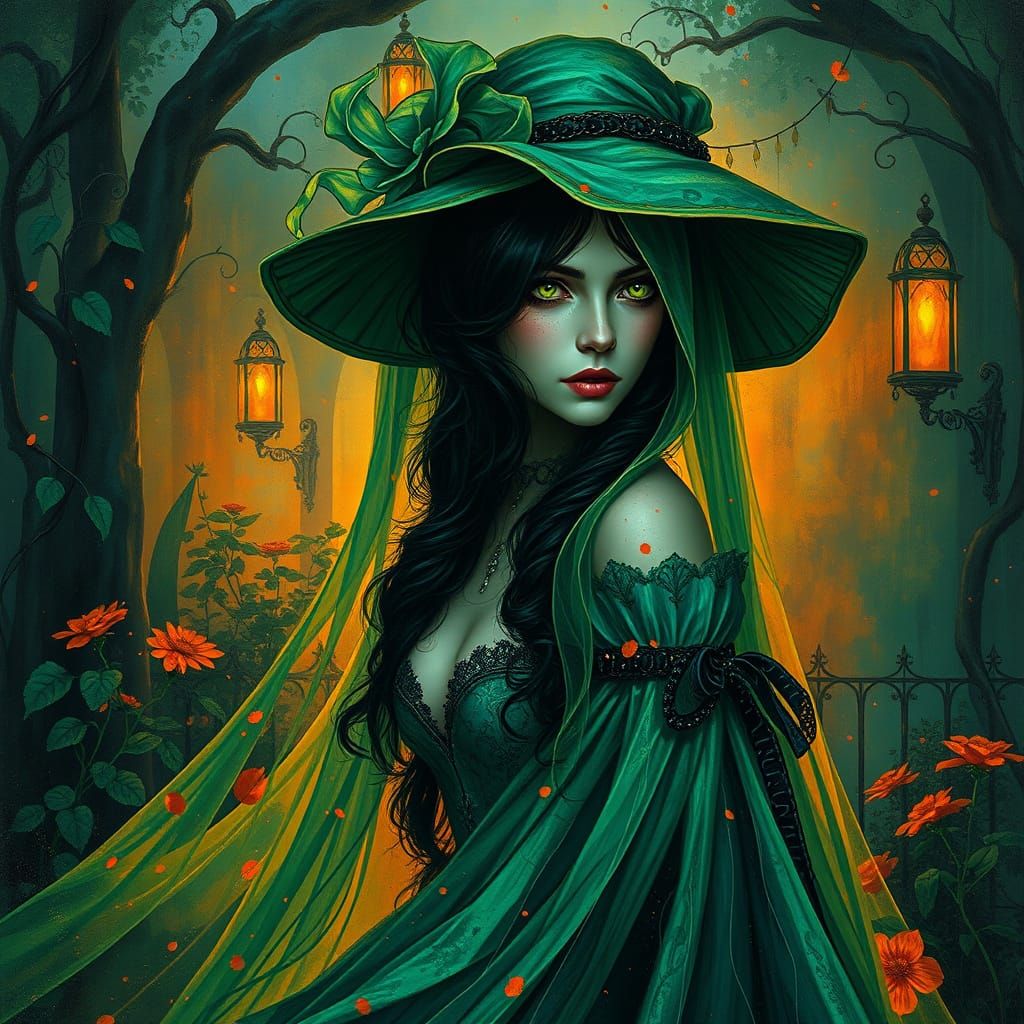 Gothic Woman in Emerald Gown, Alcohol Ink Splatter Art