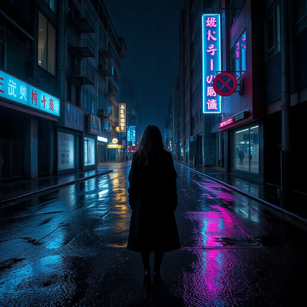 Solitary Girl on Wet City Street in Cyberpunk Noir