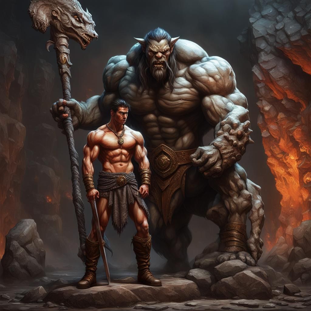 Barbarian Warrior and Stone Demon Statue