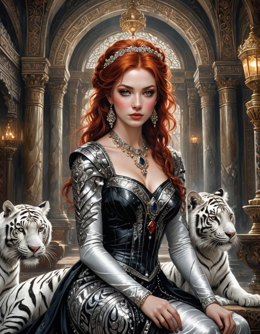 Red-Haired Woman and White Tiger in Ancient Palace