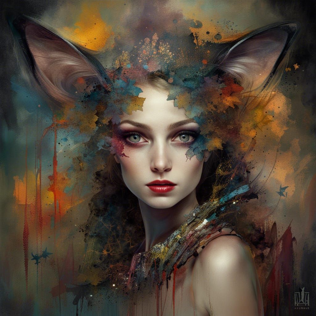 Dark Fantasy Fox-Cat Hybrid in Gothic Meadow