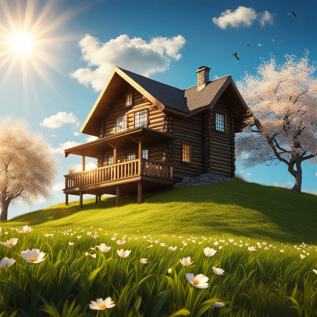 Sunny Spring Day: Wood House on Hill