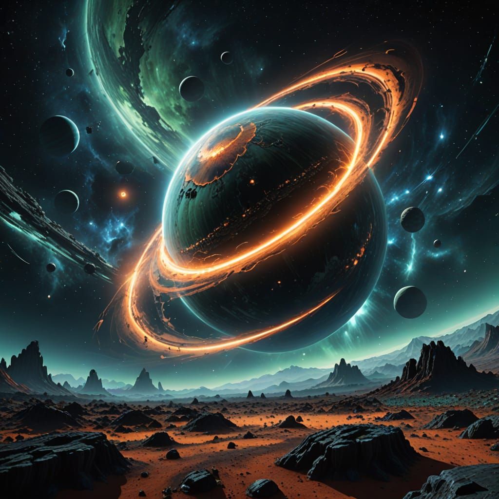 Surreal Cosmic Landscape with a Vibrant Star and Icy Planet