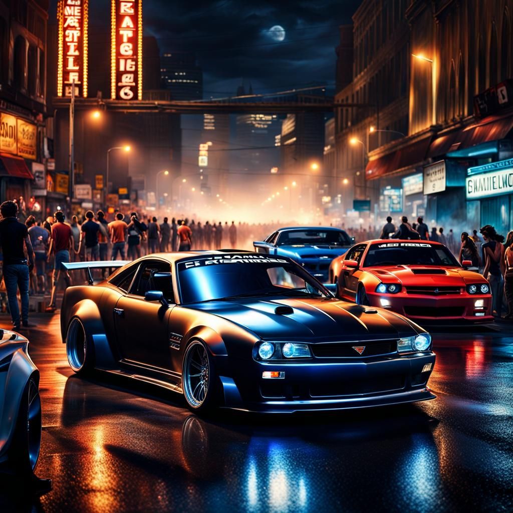 Night Street Racing Scene in Hyperrealistic Style