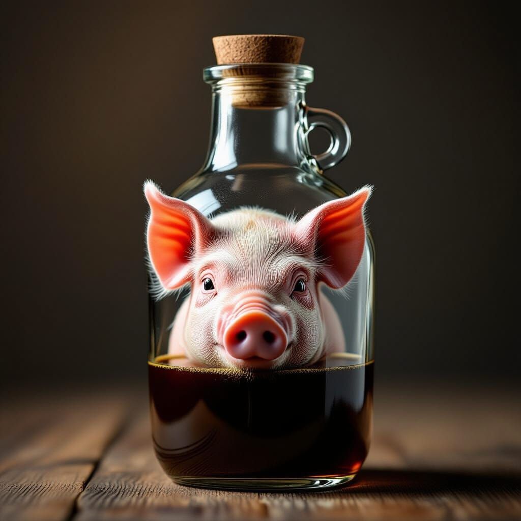Unsettling Coffee Bottle with Pig's Head Composition