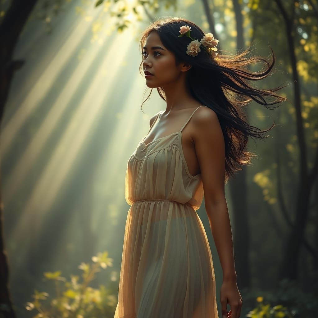 Filipina Woman in Sun-Dappled Ancient Forest