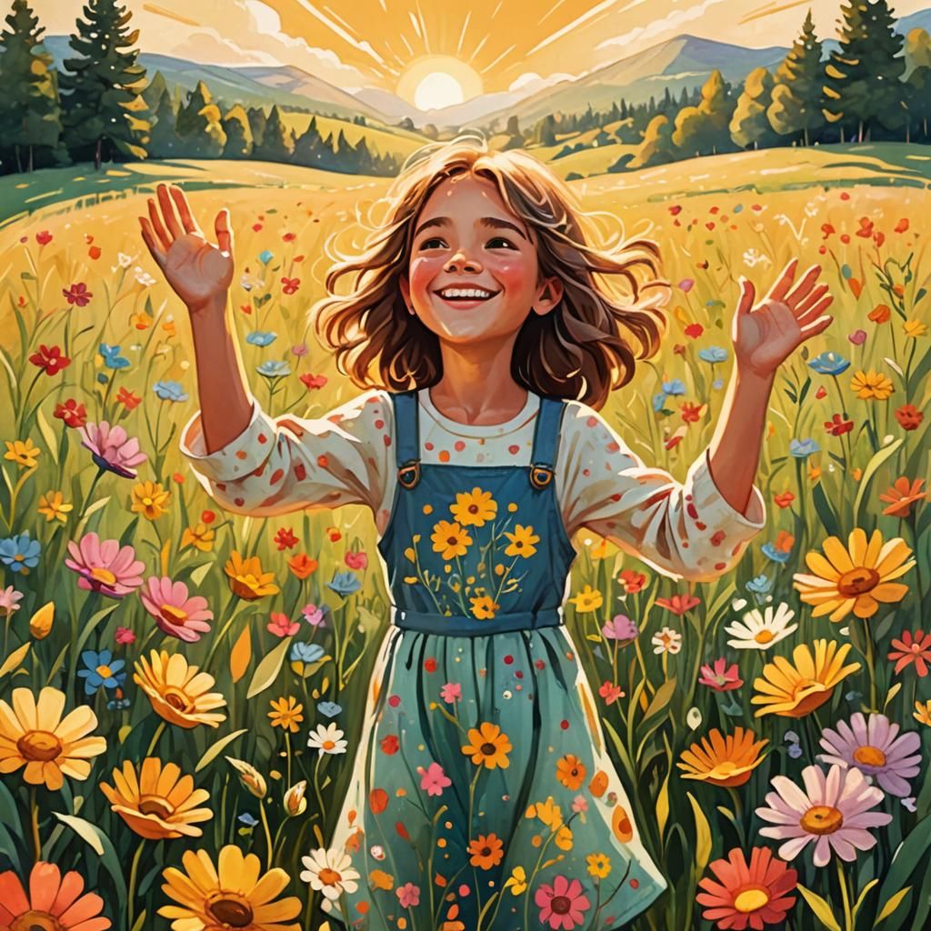 Smiling Girl in Sunny Meadow: Children's Book Illustration