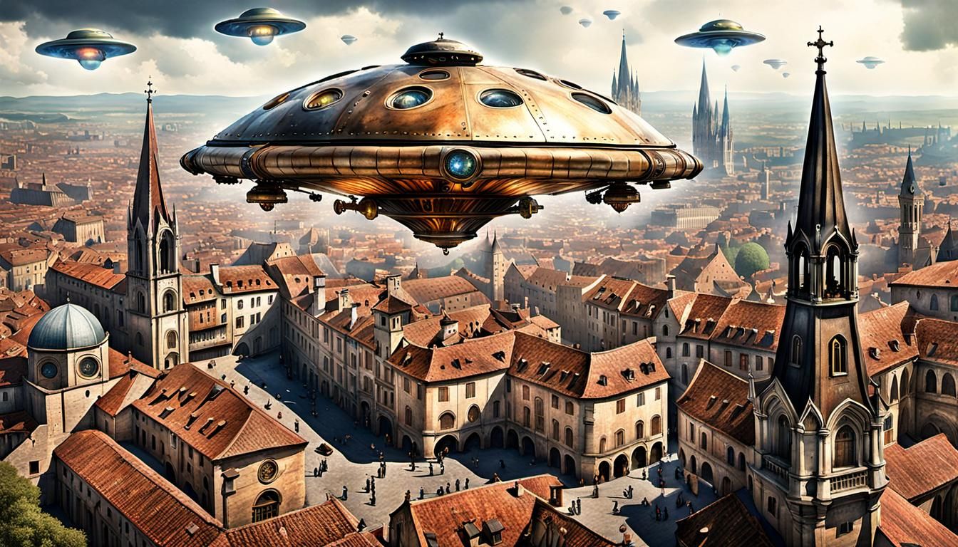 Steampunk UFO Over Medieval Cityscape: Watercolor Style