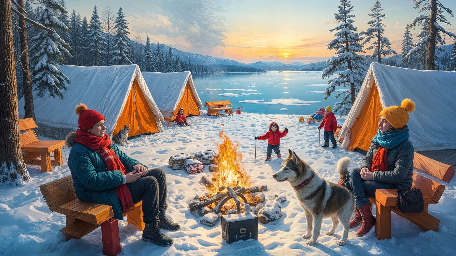 Winter Wonderland Campsite with Bonfire and Tents