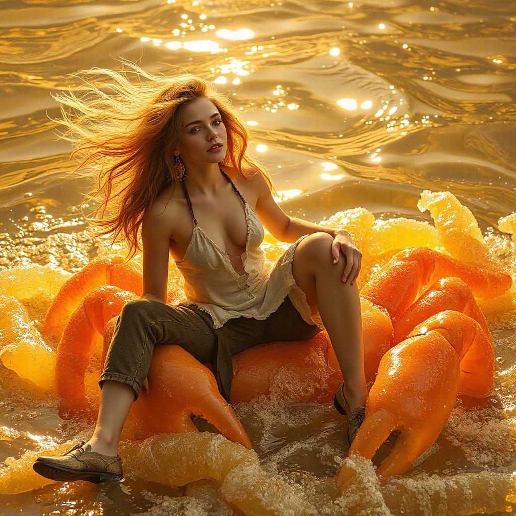 Woman on Gummy Crab in Dreamlike Soda Sea