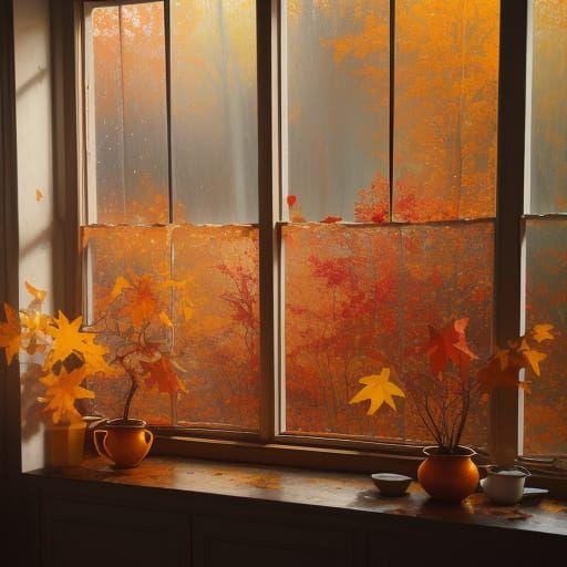 Autumn Rain Outside Window Oil Painting