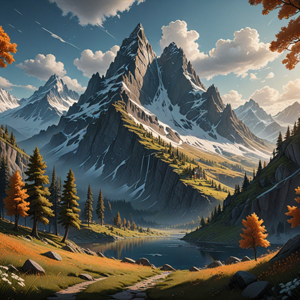 Impressionist Masterpiece: Snowy Mountain Peak in Warm Summe...