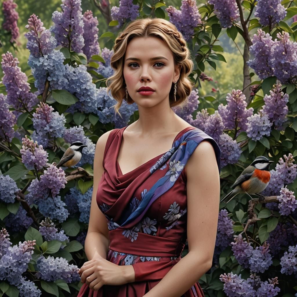 Woman with Chickadee and Lilacs in Red