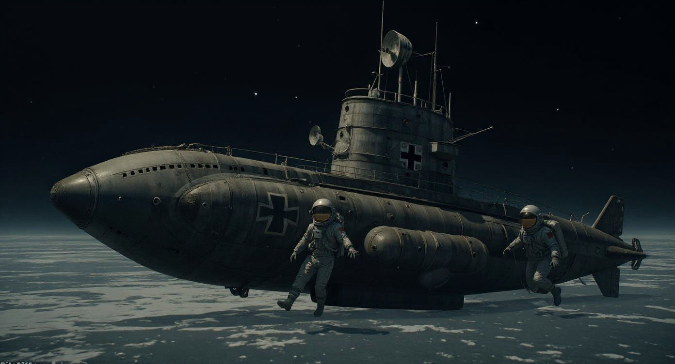 Astronauts Repairing Submarine Spacecraft Above Moon