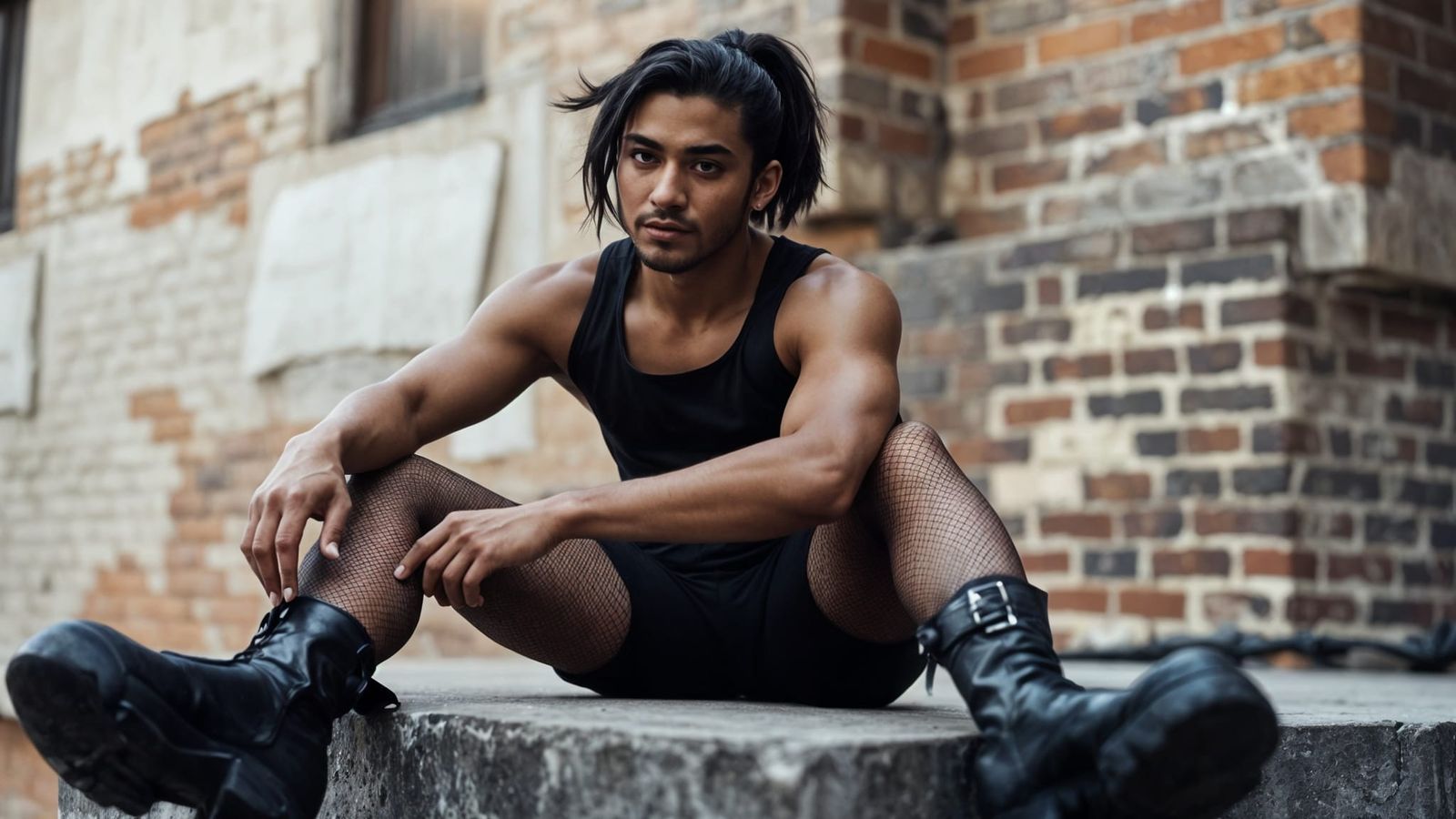 Goth Man in Dark Fashion Sits on a Ledge