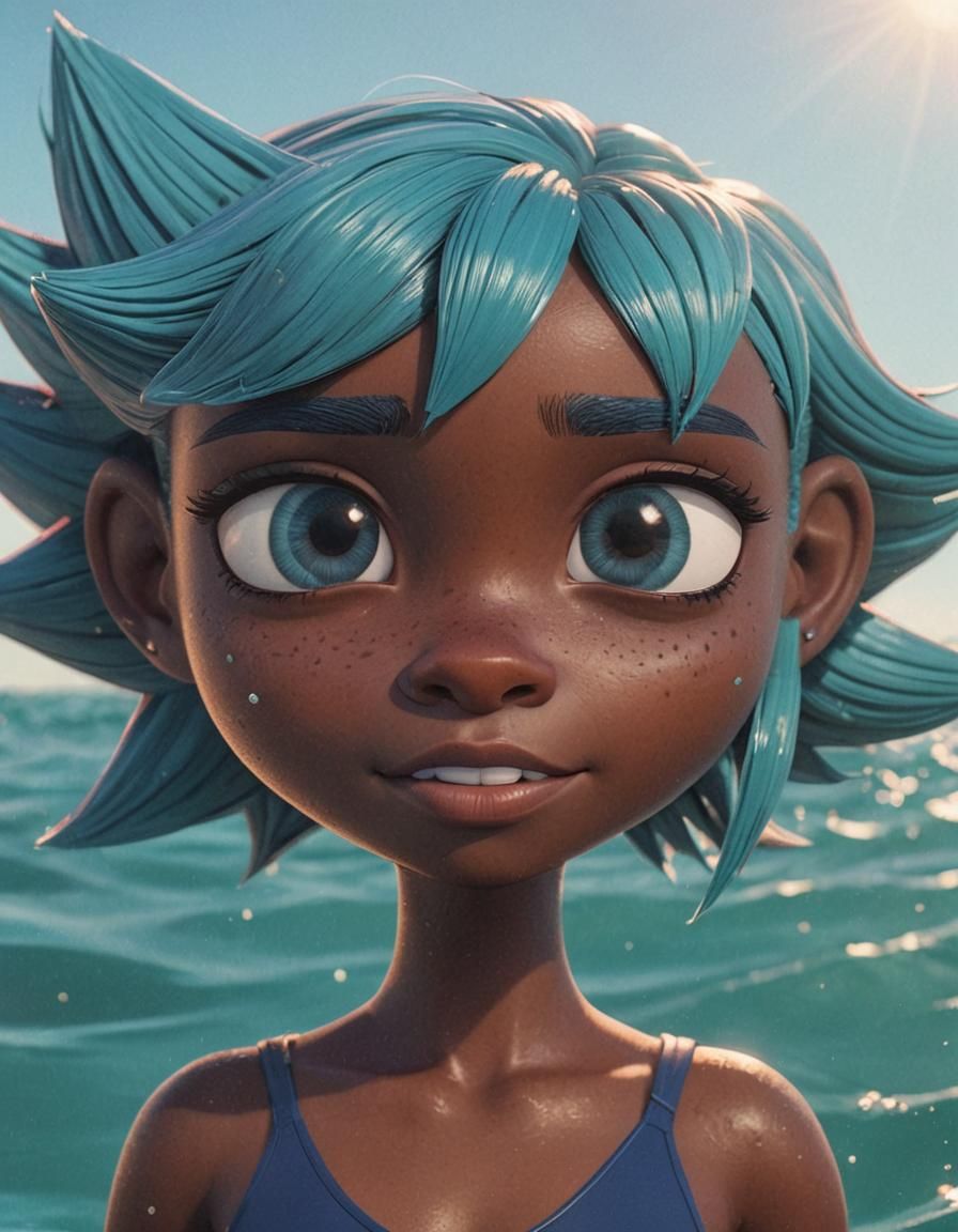 Black-Haired Girl Swimming: Pixar-Style 3D Digital Art
