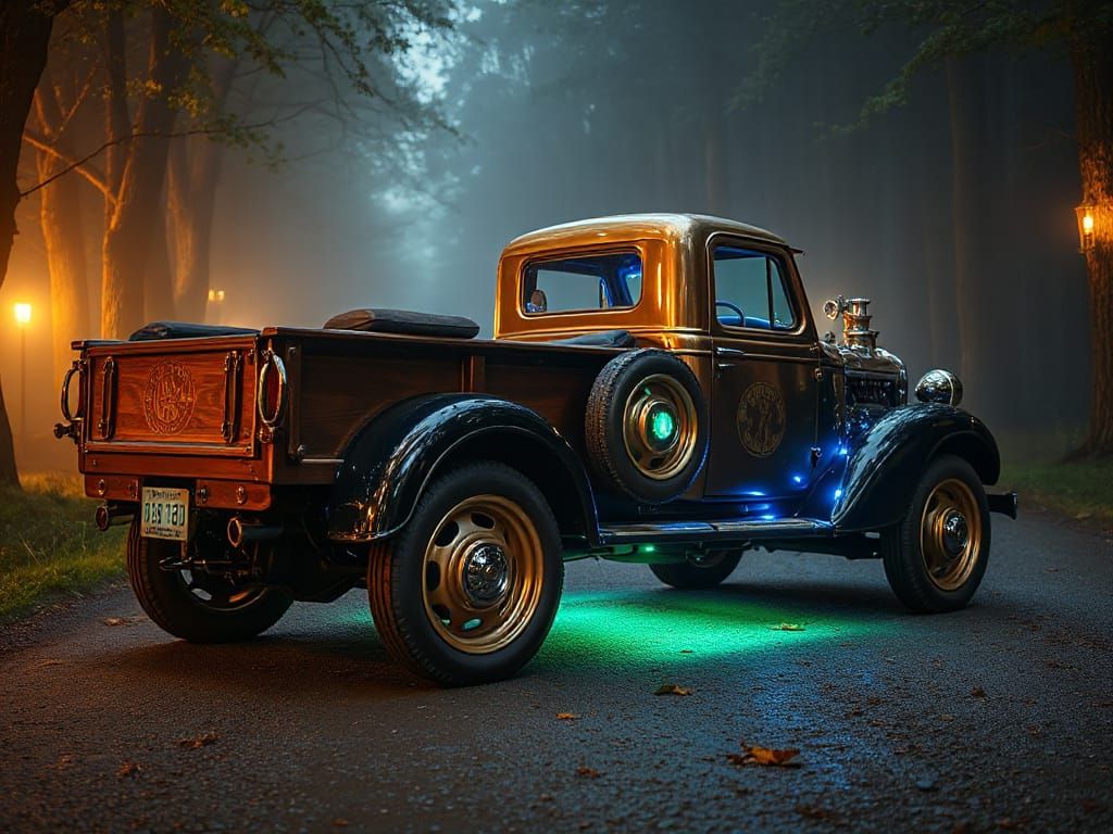 Steampunk Truck with Elven Runes in Misty Forest